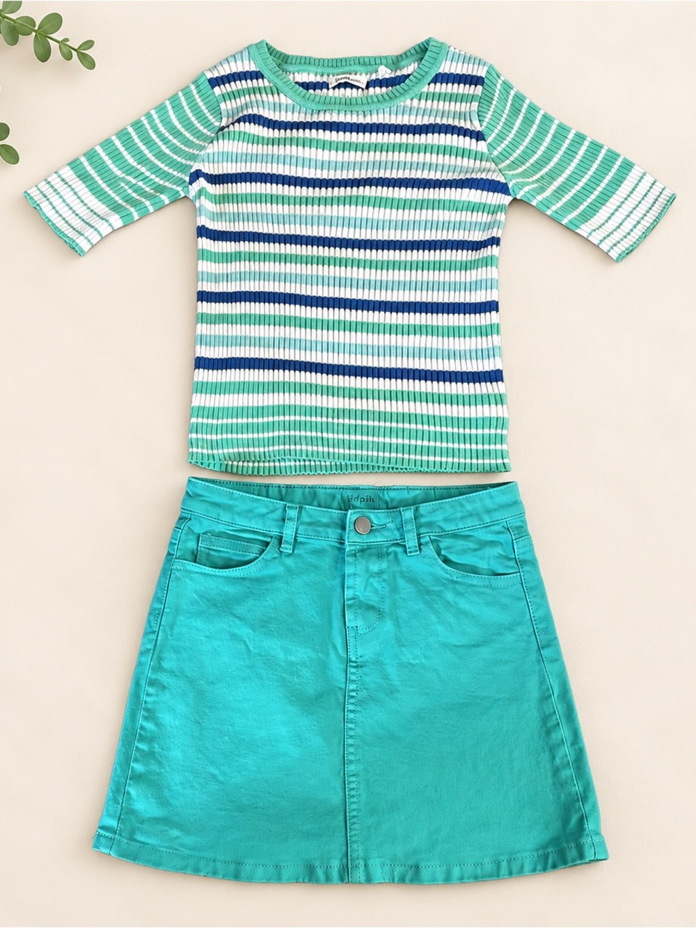 Striped Ribbed Sweater with Jean skirt in Mint Green and Teal
